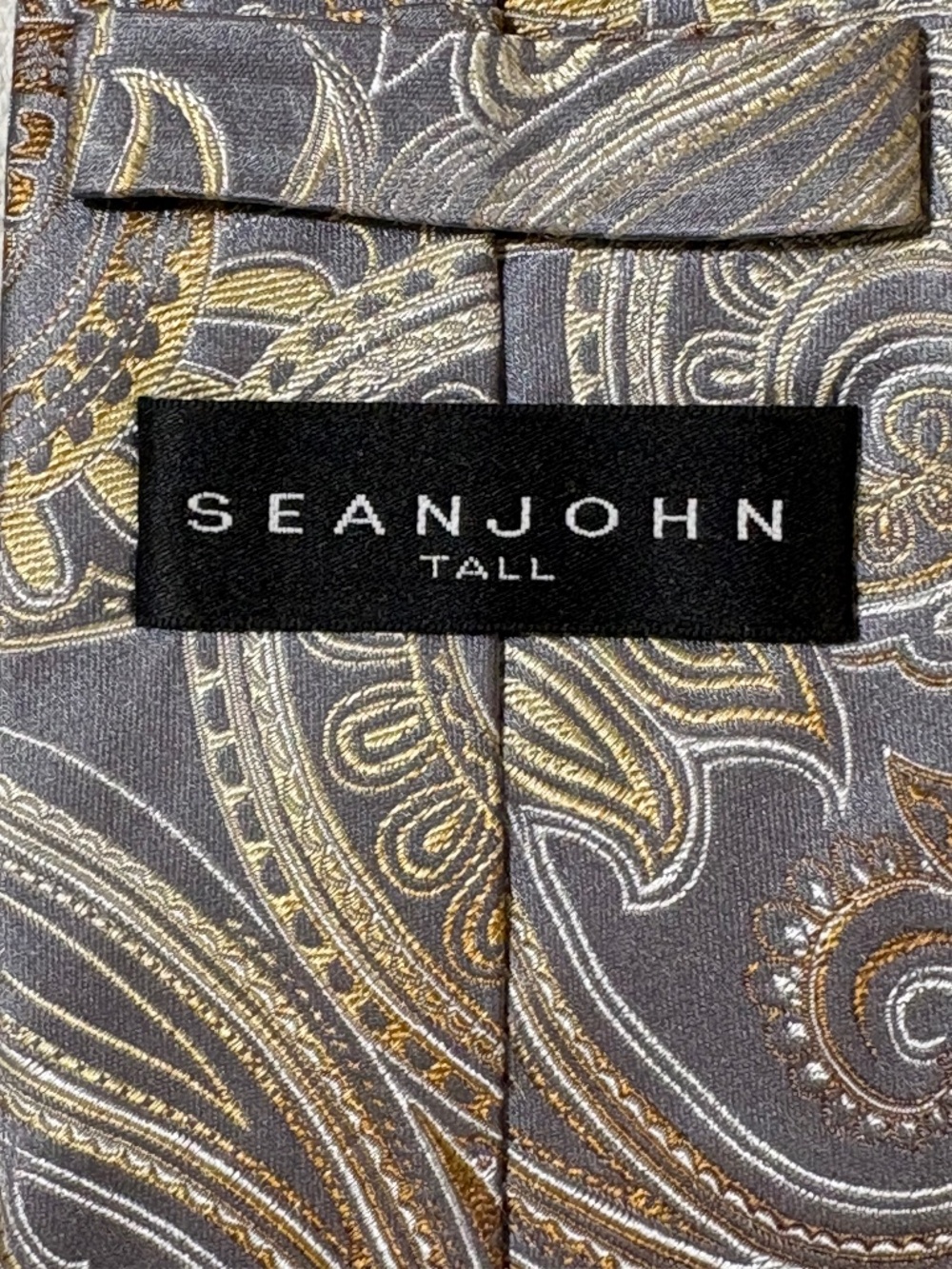 Sean John Tall Mens Tie Gray Silver Gold Paisley Silk Extra Long XL